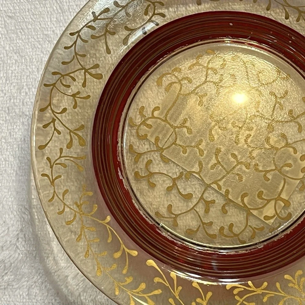 Vtg Pier 1 Rioja Red & Gold Scroll Plate Candle Dish 6